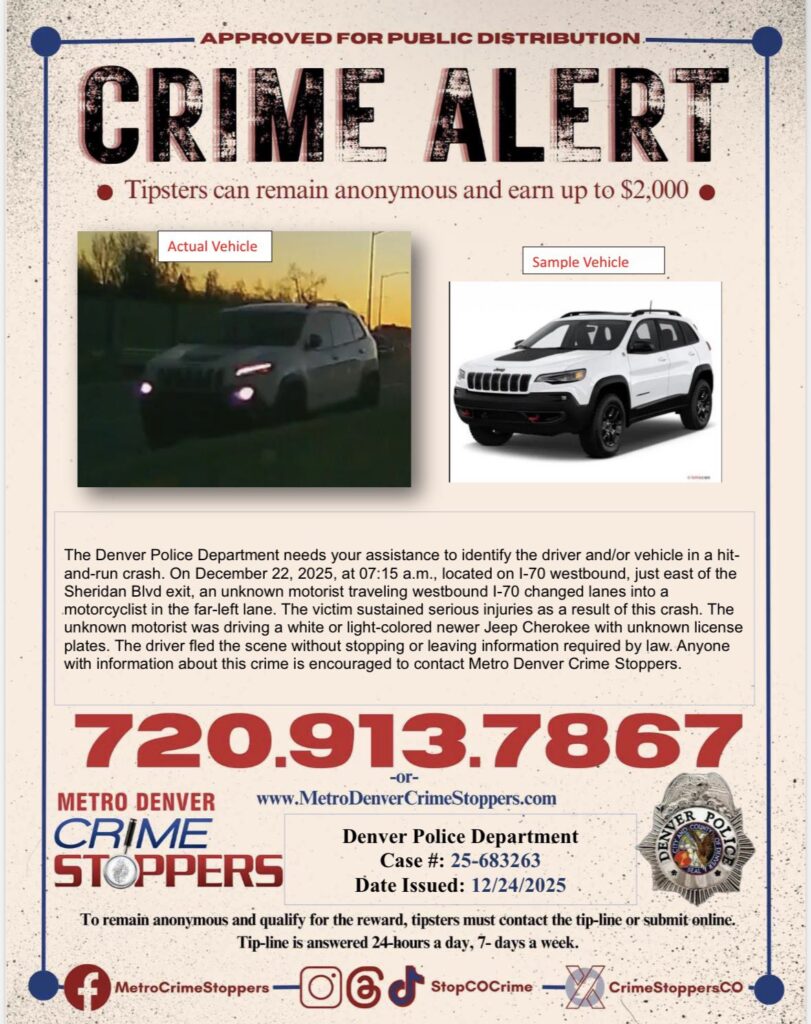 Policía de Denver Busca Jeep Cherokee en Choque con Fuga que Dejó Motociclista Herido en la I‑70