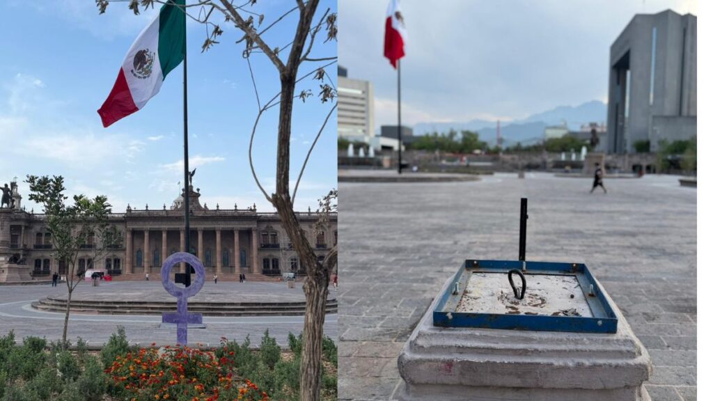 Retiro de Lámparas y Barandales en el Palacio de Gobierno de Monterrey Antes de la Marcha del 8M