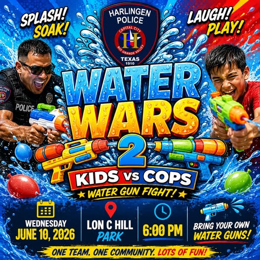 El Departamento de Policía de Harlingen Presenta “Water Wars 2”: Niños vs. Policías en un Evento Comunitario