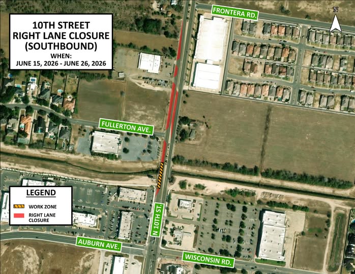 Cierre Temporal del Carril Derecho en Calle 10 de McAllen por Obras de Infraestructura