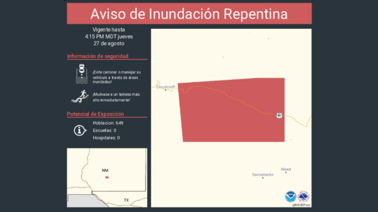 Emiten aviso de inundación repentina para el condado de Otero en Nuevo México