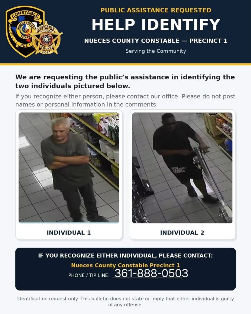 Autoridades buscan identificar a dos sospechosos en el Condado Nueces