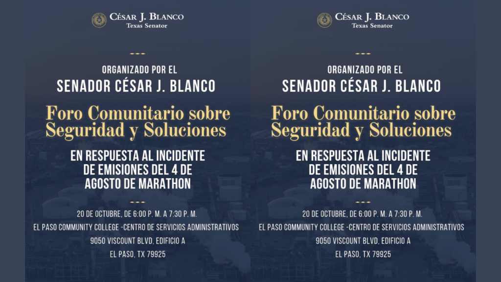 Senador Cesar Blanco convoca a foro comunitario sobre emisiones de Marathon en El Paso
